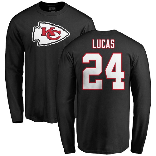 Men Kansas City Chiefs #24 Lucas Jordan Black Name and Number Logo Long Sleeve T-Shirt